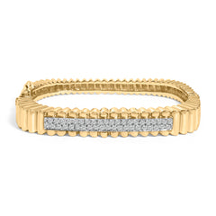14K Yellow Gold 1 1/4 Cttw Diamond Ribbed Rounded Rectangle Bangle Bracelet (G-H Color, VS2-SI1 Clarity) - 7.75" Inches