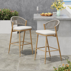 Outdoor Bar Height Metal Frame Counter Stools with Scallop-Shaped Backrest & Water-Resistant Cushions