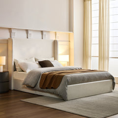 Caron Upholstered Wingback Bed with 52.3' High Headboard in Textured Ivory Canvas Chenille, King Size