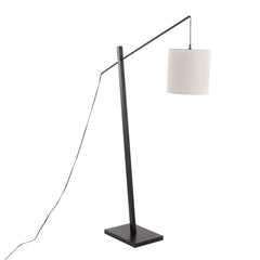Arturo Contemporary Floor Lamp in Black Wood and Black Steel with Grey Fabric Shade