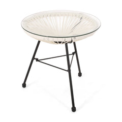 Modern NUSA Side Table with Tempered Glass Top and Polyethylene Rattan Base in White