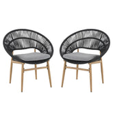 Cyril Outdoor Wicker Papasan Style Dining Chair with Teak Finished Leg and Dark Gray Faux Rattan - Set of 2