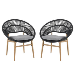 Cyril Outdoor Wicker Papasan Style Dining Chair with Teak Finished Leg and Dark Gray Faux Rattan - Set of 2