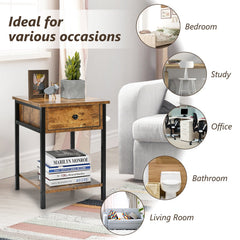 Industrial End Side Table Nightstand with Drawer Shelf