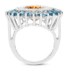 7.54 Carat Genuine Citrine & London Blue Topaz .925 Sterling Silver Ring