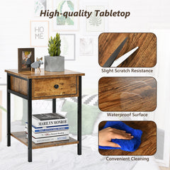 Industrial End Side Table Nightstand with Drawer Shelf