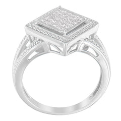 .925 Sterling Silver 1/3 Cttw Invisible Set Princess-Cut Diamond Rhombus and Beaded Halo Ring (H-I Color, SI1-SI2 Clarity) - Ring Size 7