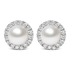 10K White Gold 4.5mm Cultured Freshwater Pearl and 1/7 Cttw Diamond Halo Stud Earring (I-J Color, I1-I2 Clarity)