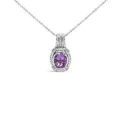 .925 Sterling Silver 9x7mm Oval Purple Amethyst and Round Diamond Accent Fashion Drop Pendant 18 Inch Necklace (I-J Color, I1-I2 Clarity)