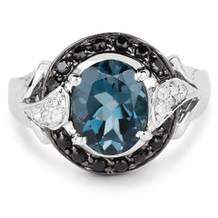 4.27 Carat Genuine London Blue Topaz, Black Spinel & White Topaz .925 Sterling Silver Ring