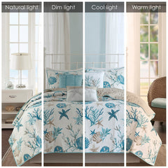 6 Piece Cotton Sateen Quilt Set with Throw Pillows Aqua King/Cal King