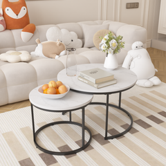 Nesting Coffee Table Set of 2, 27.6inch Round Wood Marble Pattern Top with Sturdy Metal Frame