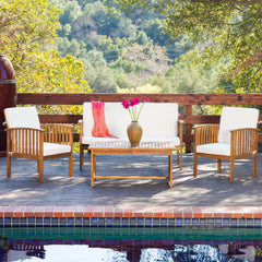 Acacia Wood Outdoor Chat Set with Water-Resistant Cushions in Brown, 4PC
