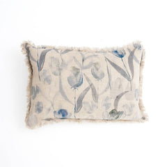 Linen Printed Lumbar Throw Pillow with Fringes (Blue & Grey) 16x24