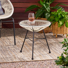 Modern NUSA Side Table with Tempered Glass Top and Polyethylene Rattan Base in White
