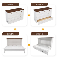 Solid Pine Murphy Bed Chest with Charging Station and Large Storage Drawer - Queen