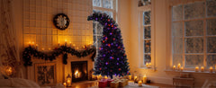 6Ft Curved Hat-Look Black Holiday Tree with Orange & Purple Lights