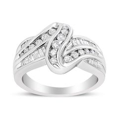 10K White Gold Ring 3/4 Cttw Round and Baguette-Cut Diamond Bypass Ring (H-I Color, I2-I3 Clarity) - Size 6