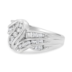 10K White Gold Ring 3/4 Cttw Round and Baguette-Cut Diamond Bypass Ring (H-I Color, I2-I3 Clarity) - Size 6