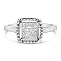 .925 Sterling Silver 1/5 Cttw Invisible Set Princess Cut Diamond Promise Ring with Beaded Halo (H-I Color, I1-I2 Clarity) - Ring Size 7