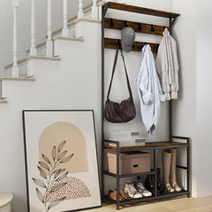 3-In-1 Industrial Coat Rack Stand with 9 Hooks Shoe Bench