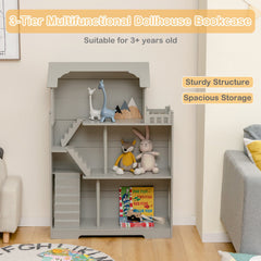 Kids Wooden Dollhouse Bookshelf with Anti-Tip Design and Storage Space