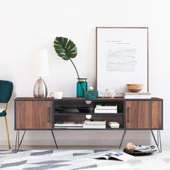 Retro Modern TV Stand with 6 Metal Legs for TVs up to 65 Inch with 2 Cable Holes