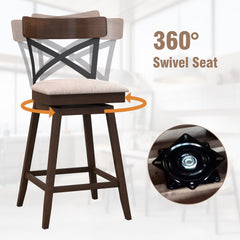 Set of 2 Wooden Swivel Bar Stools with Cushioned Seat and Open X Back-25 Inch