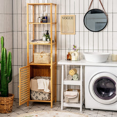 4 Tiers Slim Bamboo Floor Storage Cabinet with Shutter Door and Anti-Toppling Device-Natural