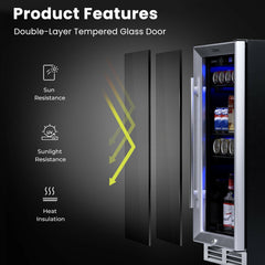 15 Inch 100 Can Built-in Freestanding Beverage Cooler Refrigerator with Adjustable Temperature and Shelf-Silver