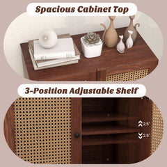 Kitchen Sideboard with 2 Rattan Doors and Adjustable Shelf-Walnut
