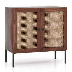 Kitchen Sideboard with 2 Rattan Doors and Adjustable Shelf-Walnut