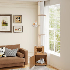 101 Inch Floor to Ceiling Cat Tree Height Adjustable with Litter Box Enclosure-Brown