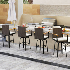 Set of 2 Outdoor 360° Swivel Bar Stool with Cushion and Acacia Wood Armrests
