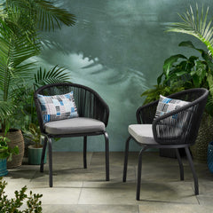 Outdoor Accent Chair with Rope Weave and Metal Frame, Set of 2, Grey