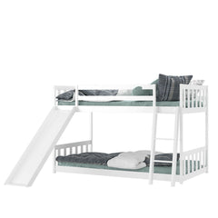 Twin over Twin Bunk Wooden Low Bed with Slide Ladder for Kids