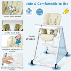 Baby Folding Convertible High Chair with Wheels and Adjustable Height
