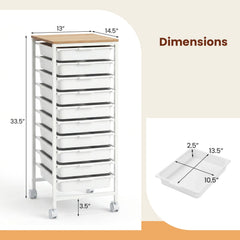 10-Drawer Rolling Storage Cart Mobile Utility Organizer with Wooden Tabletop and Lockable Wheels
