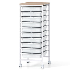 10-Drawer Rolling Storage Cart Mobile Utility Organizer with Wooden Tabletop and Lockable Wheels