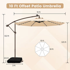 10 Feet Cantilever Umbrella with 32 LED Lights and Solar Panel Batteries-Beige