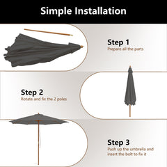 10 Feet Patio Umbrella with 8 Wooden Ribs and 3 Adjustable Heights-Gray