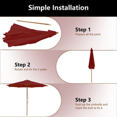 10 Feet Patio Umbrella with 8 Wooden Ribs and 3 Adjustable Heights-Wine