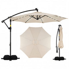 10 Feet Solar Offset Hanging Umbrella with Base and 32 LED Lights