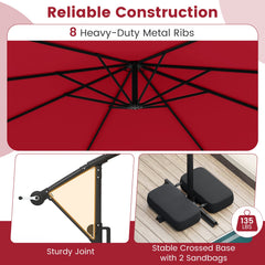 10 Feet Solar Offset Hanging Umbrella with Base and LED Lights-Red