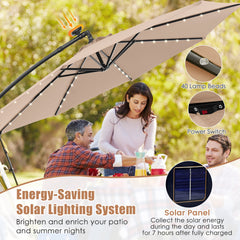 10 Feet Solar Offset Hanging Umbrella with 40 Lamp Beads and Solar Panel-Tan