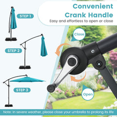 10 Feet Solar Offset Hanging Umbrella with Base and LED Lights-Turquoise