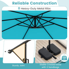 10 Feet Solar Offset Hanging Umbrella with Base and LED Lights-Turquoise
