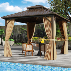 10 X 10 Feet Hardtop Gazebo with Netting and Curtain for Patio Backyard-Coffee