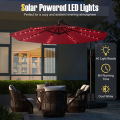 10 Ft Patio Umbrella Offset Cantilever Umbrella with 40 Solar Powered Lights-Red