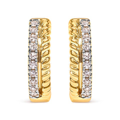 10K Yellow Gold 1/10 Cttw Diamond and Rope Twist Huggy Hoop Earrings (H-I Color, I1-I2 Clarity)